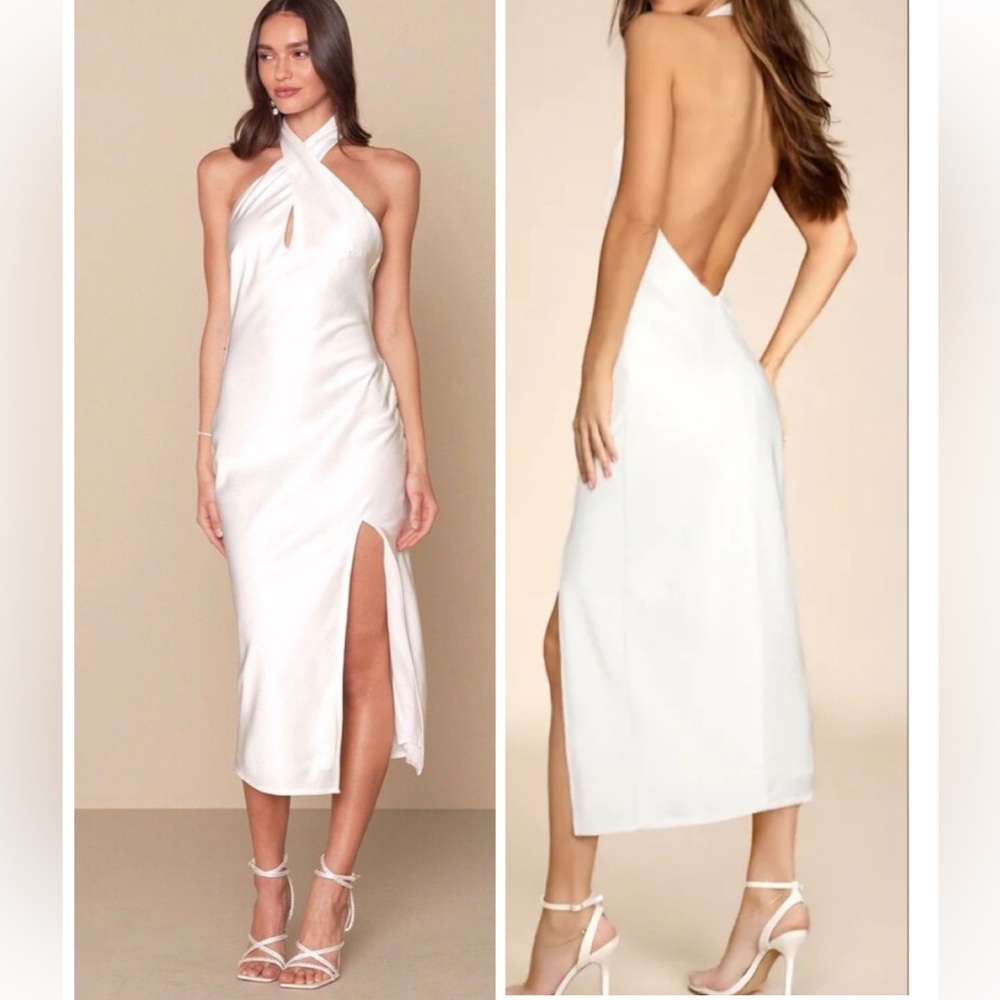 Lulus Beyond Classy White Satin Halter Midi Dress Size Large Bridal Bachelorette